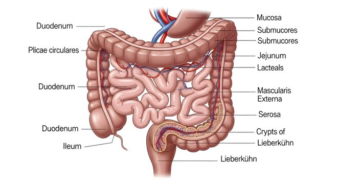Detailed diagram of the duodenum, jejunum and ileum showing plicae circulares, mucosa, submucosa, muscularis externa, serosa and intestinal villi with crypts of Lieberk&uuml;hn, emphasizing absorptive surf