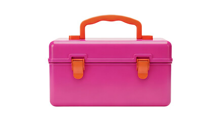 A bright pink plastic lunchbox with orange handle and latches on a transparent background
