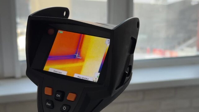 A woman inspects windows with a thermal camera. Searching for the source of heat loss.