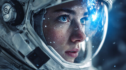 Fototapeta premium Close-up portrait of astronaut in futuristic space suit with cosmic background.