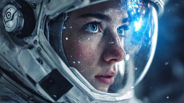 Close-up portrait of astronaut in futuristic space suit with cosmic background.
