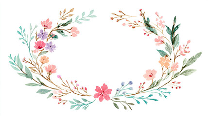 Obraz premium Hand-drawn botanical wreath logo in soft watercolor outline style.