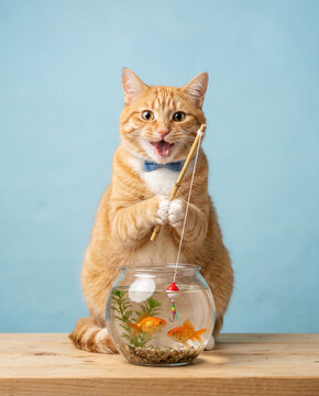 Ginger cat in a bow tie with a fish in a glass jar