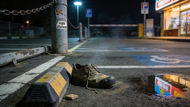 どこにでもある都会駐車場の隅、片方の靴が残す土地の気配と夜の余韻