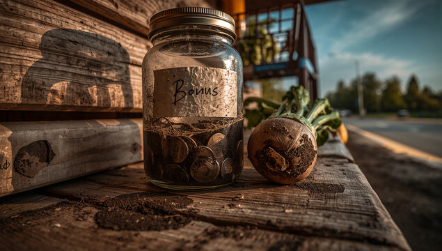 低い視点の無人販売所、ジャム瓶のお釣りと泥野菜の質感風景