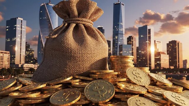 A large burlap sack filled with gold coins sits on a pile of coins in front of a city skyline at sunset with a video recording setup.