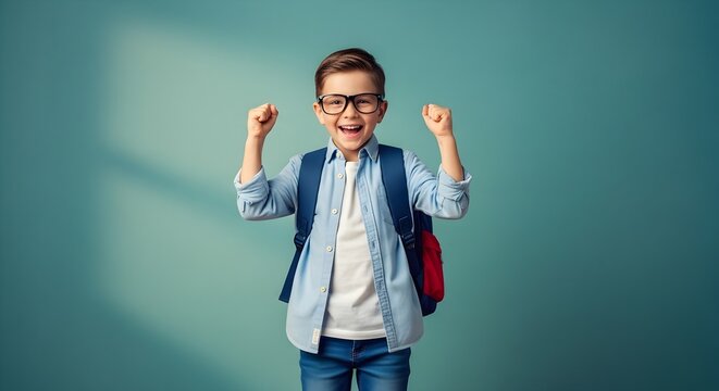Happy schoolboy with backpack celebrating success, excited young student with glasses and blue shirt on green background, joyful kid with raised fists