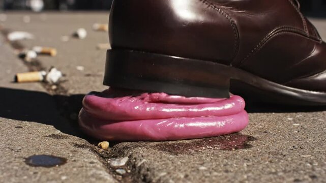 Footwear Crushing Pink Chewing Gum, Showing Stretching and Sticky Texture Outdoors on the Sidewalk