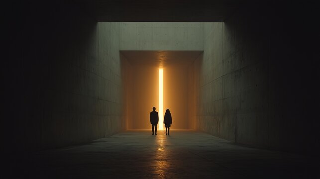 Silhouetted couple walking toward warm light in a large, empty corridor symbolizing couple divorce mediation, transition, negotiation, and shared decision making.