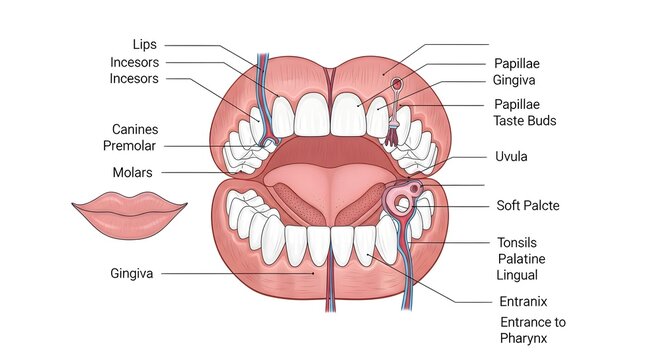 Diagram of the open mouth showing lips, incisors, canines, premolars, molars, gingiva, papillae, taste buds, uvula, soft palate and palatine and lingual tonsils with labeled entrance to the pharynx fo