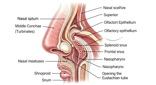 Color sagittal anatomical illustration of the human nose and nasal cavity showing nasal septum, middle concha, meatuses, sphenoid and frontal sinuses, olfactory epithelium and opening of the Eustachia