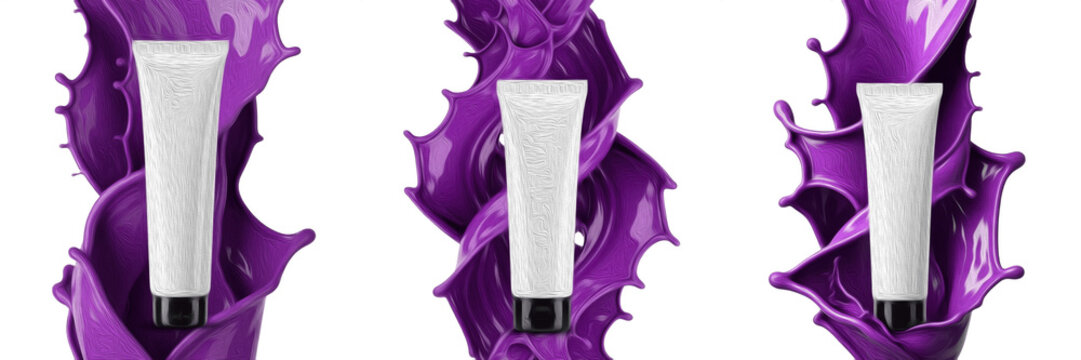 Set of white cosmetic cream tubes with purple liquid splashes and paint swirls isolated on white background
