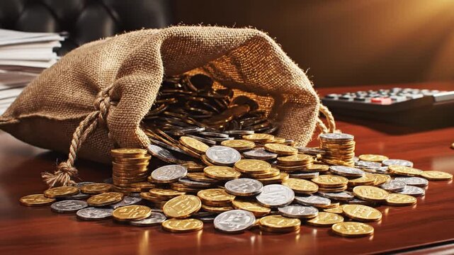 A burlap sack spills gold and silver coins onto a wooden desk with a video recording device nearby.