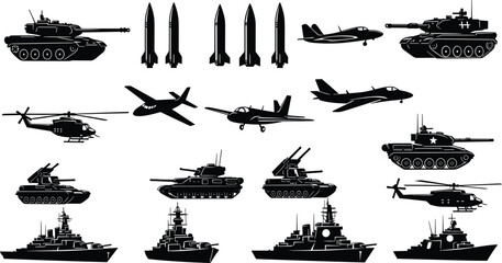 Silhouettes of diverse military vehicles and equipment including tanks, missiles, airplanes, helicopters, and naval warships showcasing modern defense hardware isolated on white background © Farzana