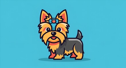 Obraz premium Cute Cartoon Yorkshire Terrier Dog with Blue Bow.