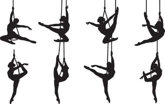 Black Solid Aerial Dance Silhouettes Set of Six on White Background