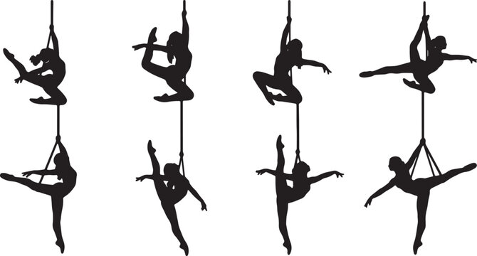 Black Solid Aerial Dance Silhouettes Set of Six on White Background