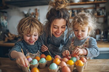 Fototapeta premium A delightful easter craft moment with family bonding. Creative poster. Detailed easter egg designs emerge from kids and mom's love. Bright colors. Professional photo.