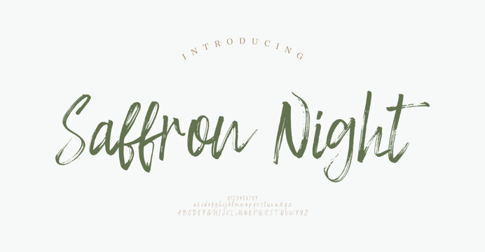 Saffron Night, Abstract Script Fashion font alphabet. Minimal modern urban fonts for logo, brand etc. Typography typeface uppercase lowercase and number. vector illustration

