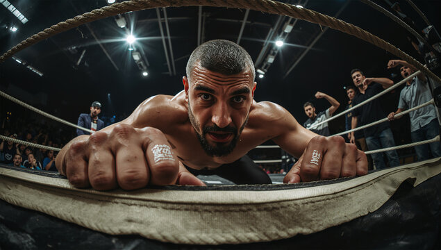 地方興行のリング際、中東20代男性レスラーを捉える手作りロープと熱狂の圧