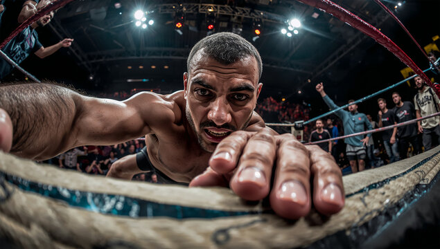 地方興行のリング際、中東20代男性レスラーを捉える手作りロープと熱狂の圧