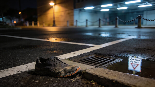 記事向けの都会駐車場夜景、隅に残る片方の靴が作る余韻の静物