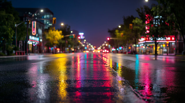 Street view of a city during a dark rainy night. Empty asphalt road with colorful blurred urban light reflection. Nightlife atmosphere, modern metropolitan area at late night time.
