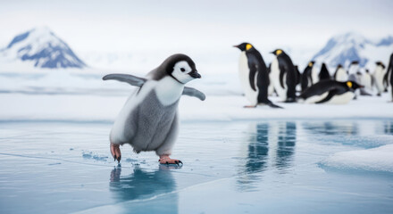 Obraz premium A penguin waddling on ice with a group of penguins in the background, set against a scenic
