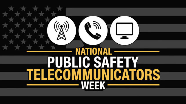 National Public Safety Telecommunicators Week American flag background with communication icons