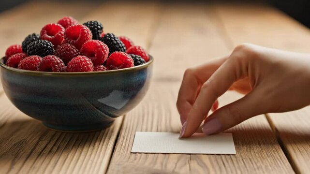 Hand placing blank white card on wooden table next to bowl of fresh raspberries and blackberries