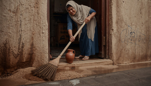 雨上がりの砂漠の街、砂を掃く北アフリカ40代女と冷たい水の清涼感
