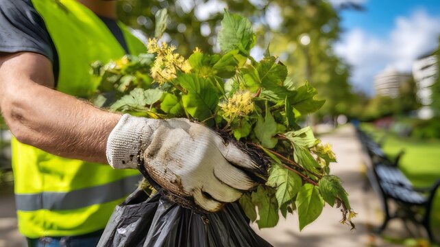 Faceless team members of volunteers collecting trash in park during cleanup, community environmental activity, public space maintenance, waste removal effort, conservation work, 