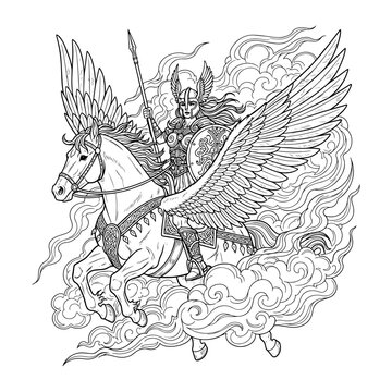 Mythical warrior riding a winged steed amidst stormy clouds