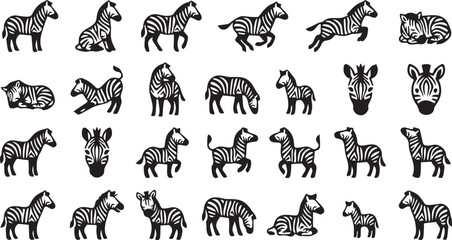 Obraz premium Zebra Silhouette Set, Black Wild Animal Vector Collection.