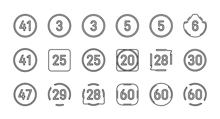 Collection of hand drawn numbers and speed limit signs.