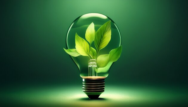 light bulb with gren leafs inside eco friendly concept copy space generative ai