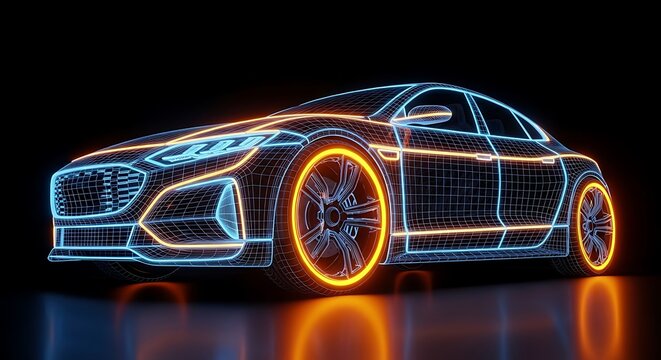 Futuristic, stylized car model rendered with neon wireframe, reflections on a dark surface