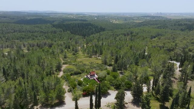 Aerial view of the Thai Pagoda in Ben Shemen Forest, Israel, surrounded by lush green pine and cypress trees