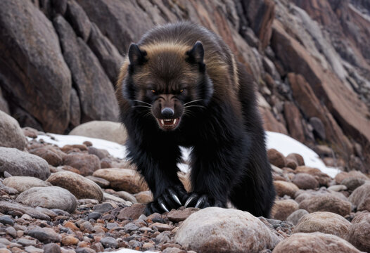 Running wolverine in winter rocky mountains, fierce expression, aggressive stance, rugged terrain, raw nature