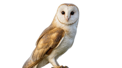 Isolated graceful barn owl standing upright looking ahead with distinctive heart-shaped face