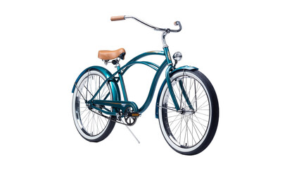 Fototapeta premium Isolated teal vintage cruiser bicycle with brown leather seat and handlebars for a comfortable ride