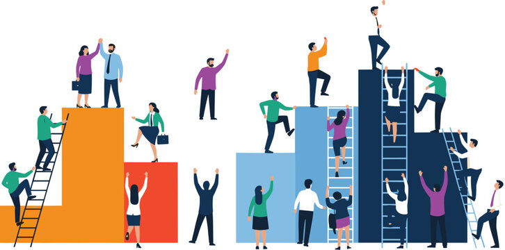 Teamwork climbing bar chart illustration, career growth concept, success achievement artwork, business progress design, helping hands vector template