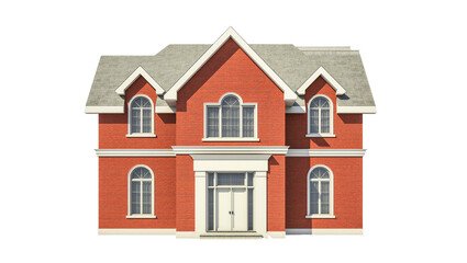 Isolated elegant red brick family house with dormers, pitched roof, and white architectural details