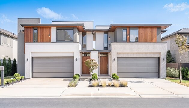 Modern duplex house with two garage doors, driveway, and landscaped front yard