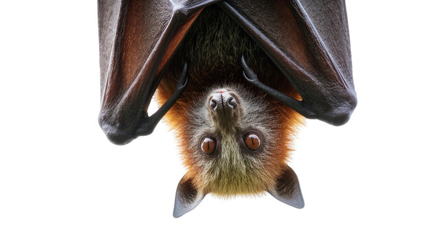 Isolated close-up portrait of a hanging fruit bat looking directly at the viewer, detailed shot