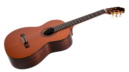 Obraz premium Isolated elegant classical guitar made of warm brown wood, musical string instrument