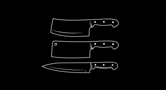 Graphic image three different kitchen knives, outlined in white against a black background