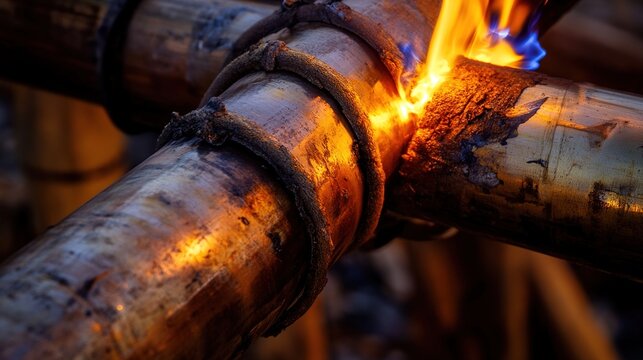 brazing. A craftsman brazing two copper pipes with molten solder under a torch flame. safety posters, maintenance manuals, designed for precision metalworking and fabrication facilities.