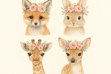 Fototapeta premium Adorable animals with floral crowns.