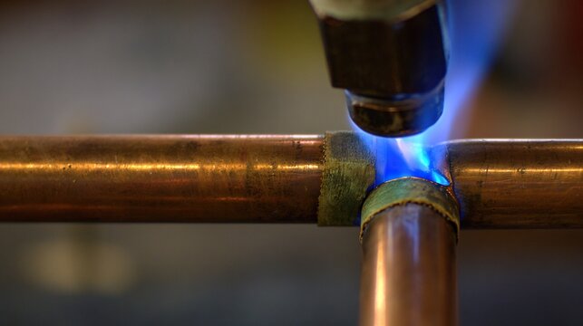 brazing. A craftsman brazing two copper pipes with molten solder under a torch flame. safety posters, maintenance manuals, designed for precision metalworking and fabrication facilities.